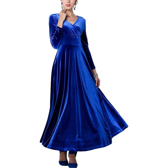Urban Coco Blue Velour Long Sleeve V-Neck Maxi Evening Gown, XXL, NWOT - Picture 2 of 11